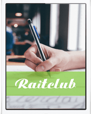 Rait会のロゴ入りのイメージ画像。学習で筆記中の人物の手とペン・紙がタブレットスクリーンに映されている。