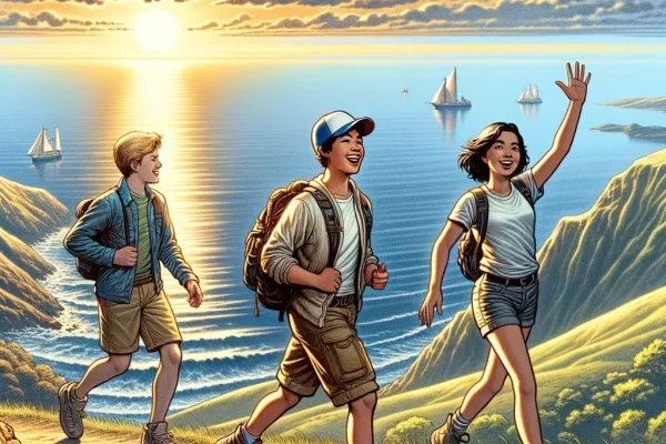 DALL·E - An illustration featuring a majestic horizon with teenagers. In the background, a hill overlooks the sea