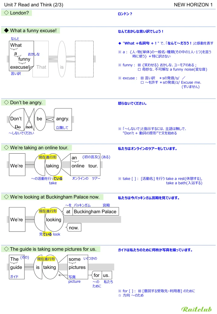 Example images of sentence structure diagrams made from sentences in New Horizon 1 Unit 7